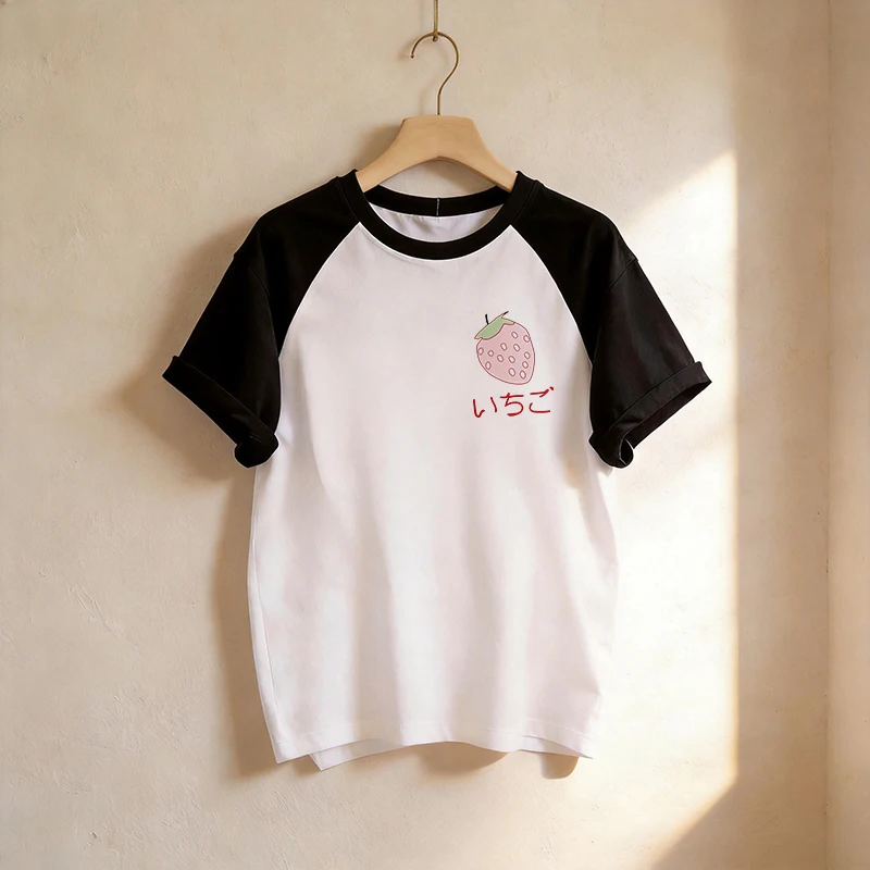 Women's Graphic T Shirt with Pocket Strawberry Print Spring Summer Crew Neck Short Sleeve Tshirt Vintage Y2k Tees Tops Clothes