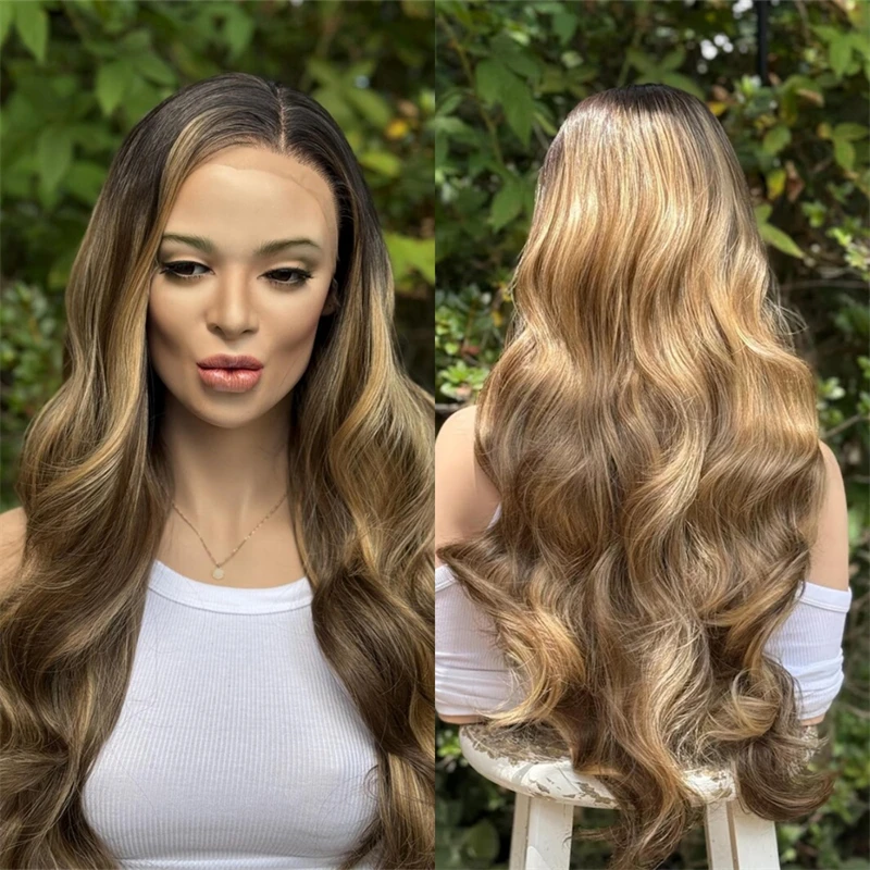 

Ombre Honey Brown Balayage Lace Front Wig Cosplay Daily Party Wig Pre Plucked Hairline Heat Resistant Natural Body Wave Wig 28''
