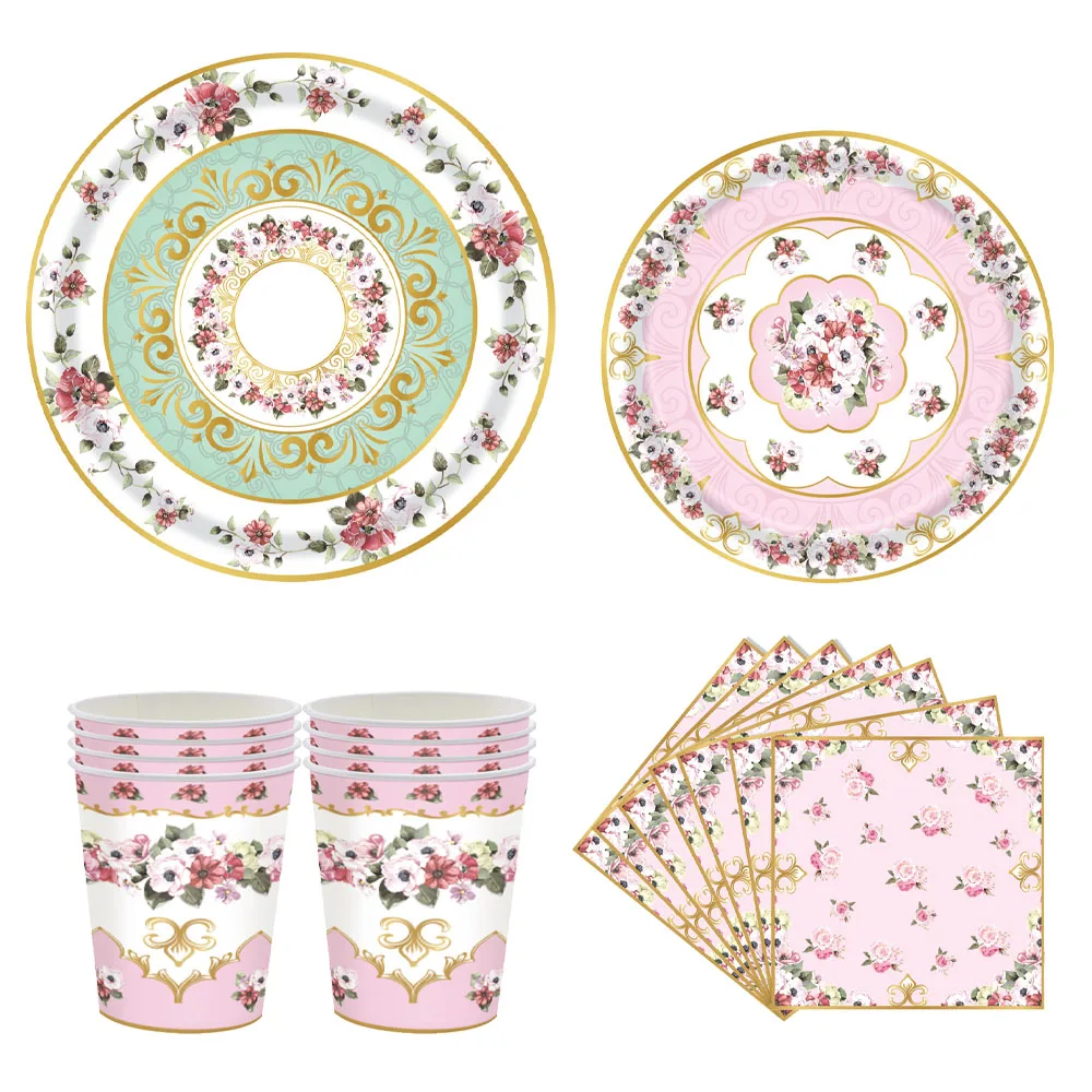 Vintage Blumenmuster Teegeschirr-Set Elegante Rosa Pappteller Tassen Servietten EVJF Mädchen Geburtstag Brautparty Hochzeitsdekoration – Detail 3