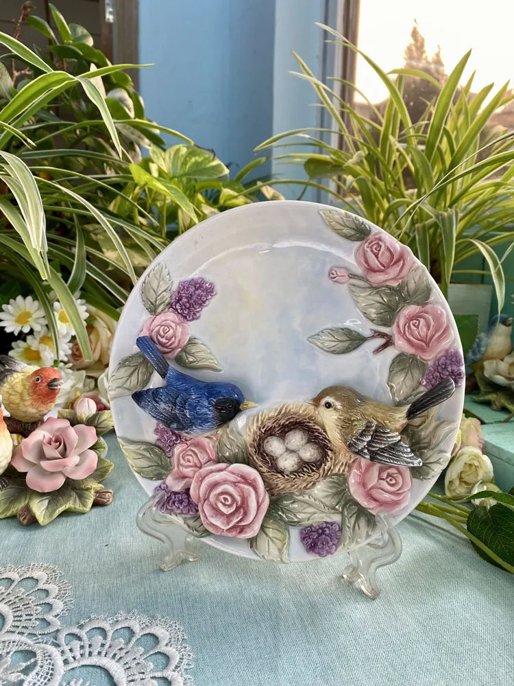 3D Red Rose & Bird Porcelain Decorative Wall Plate 3