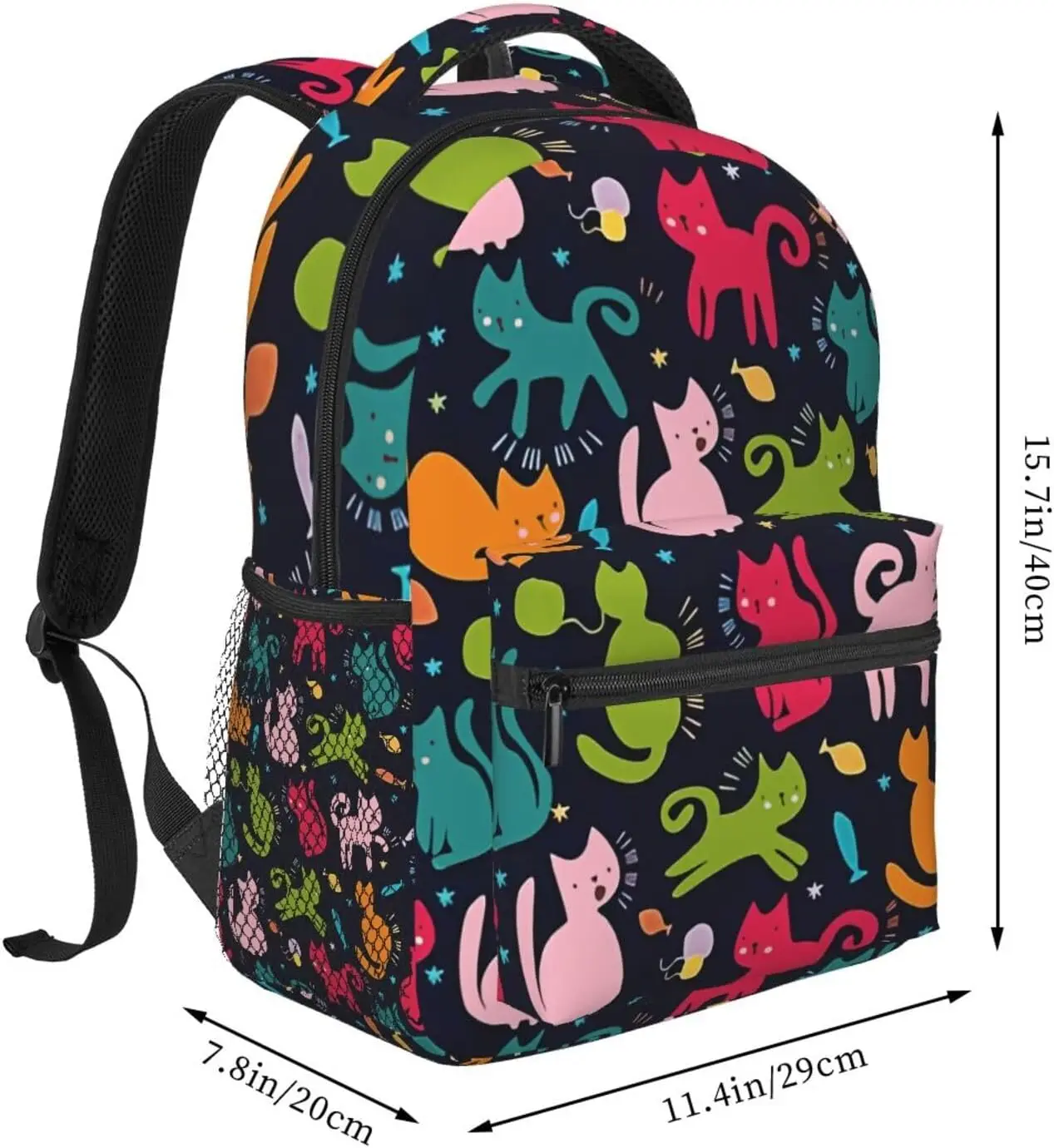 Kitty Cat Backpack for School - Happy Cats with Fish School Backpack Colorful Kitten Pet School Bag Laptop Book Bag Laptop