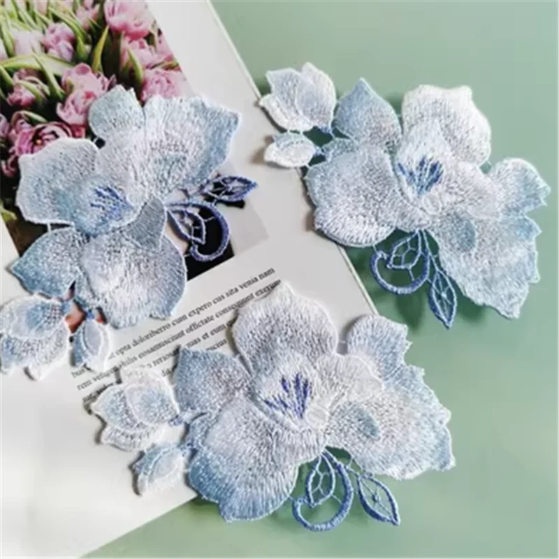 2PCS/Lot 10*7cm Fluorescent Skyblue Hollow Flower Sewing Motif Venise Lace Applique for Garment Embroidery Lace Patch