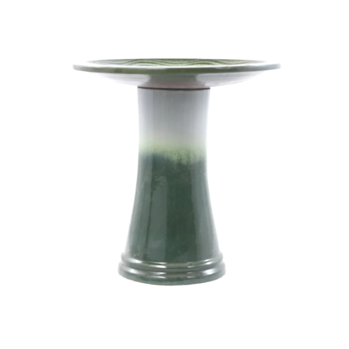Handmade glazed ceramic bird bath, 17" concentric ripple embossed tray & 18" pedestal base, white to sage green ombre gradient glaze outdoor bird feeder for yard, lawn, patio & backyard view 8