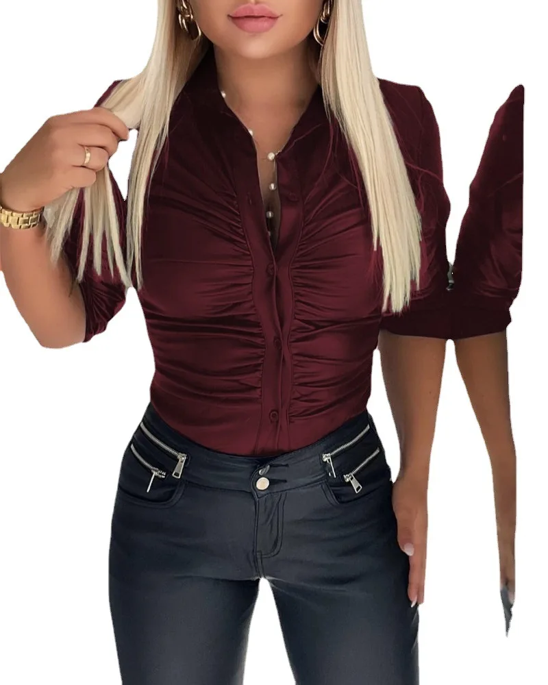Shirts for Women Elegant Slim Blouse Solid Skinny Half-Sleeve Office Lady Fashion Casual Fall Outwear Tops Female Clothing