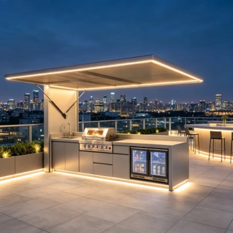 Modular Aluminum Alloy Outdoor Kitchen Shed Weatherproof Outdoor Bbq Kitchen Cabinetry Remote Control Outdoor Kitchen with Roof