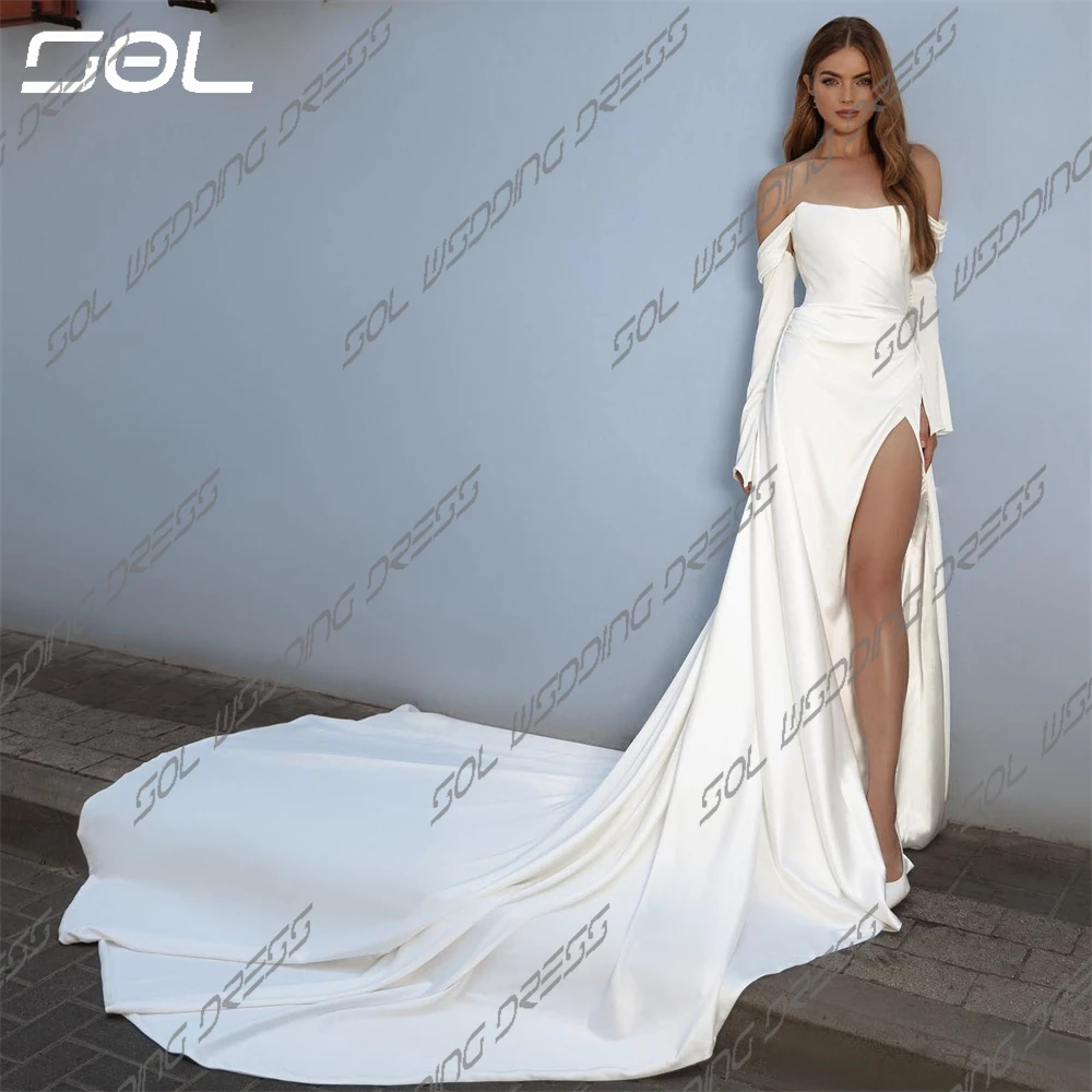 Robe de Mariée en Satin à Manches Trois Quarts, Simple, Sexy, Dos aux, Fente Latérale, pour Patients Sirènes