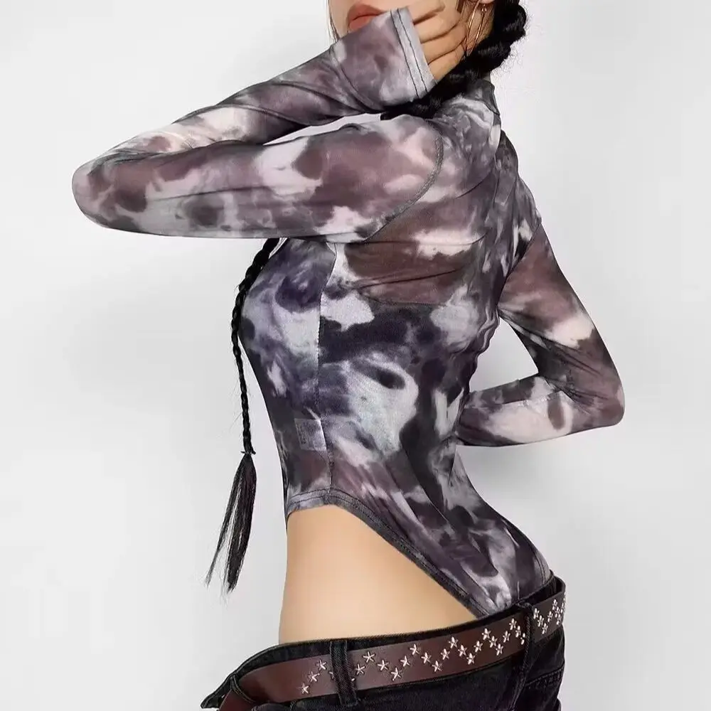 Bodysuit wanita sheer mesh tie-dye warna gradasi seksi 2025, lengan ekstra panjang, jumpsuit transparan, slim rompers playsuit
