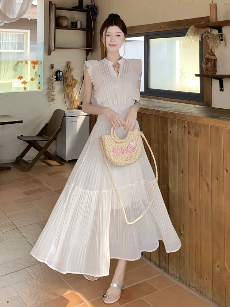 RORIRI Fairycore شير الشيفون فستان طويل المرأة الصلبة قطع يطير الأكمام ألف خط أنيقة مطوي فستان الكورية عطلة الملابس