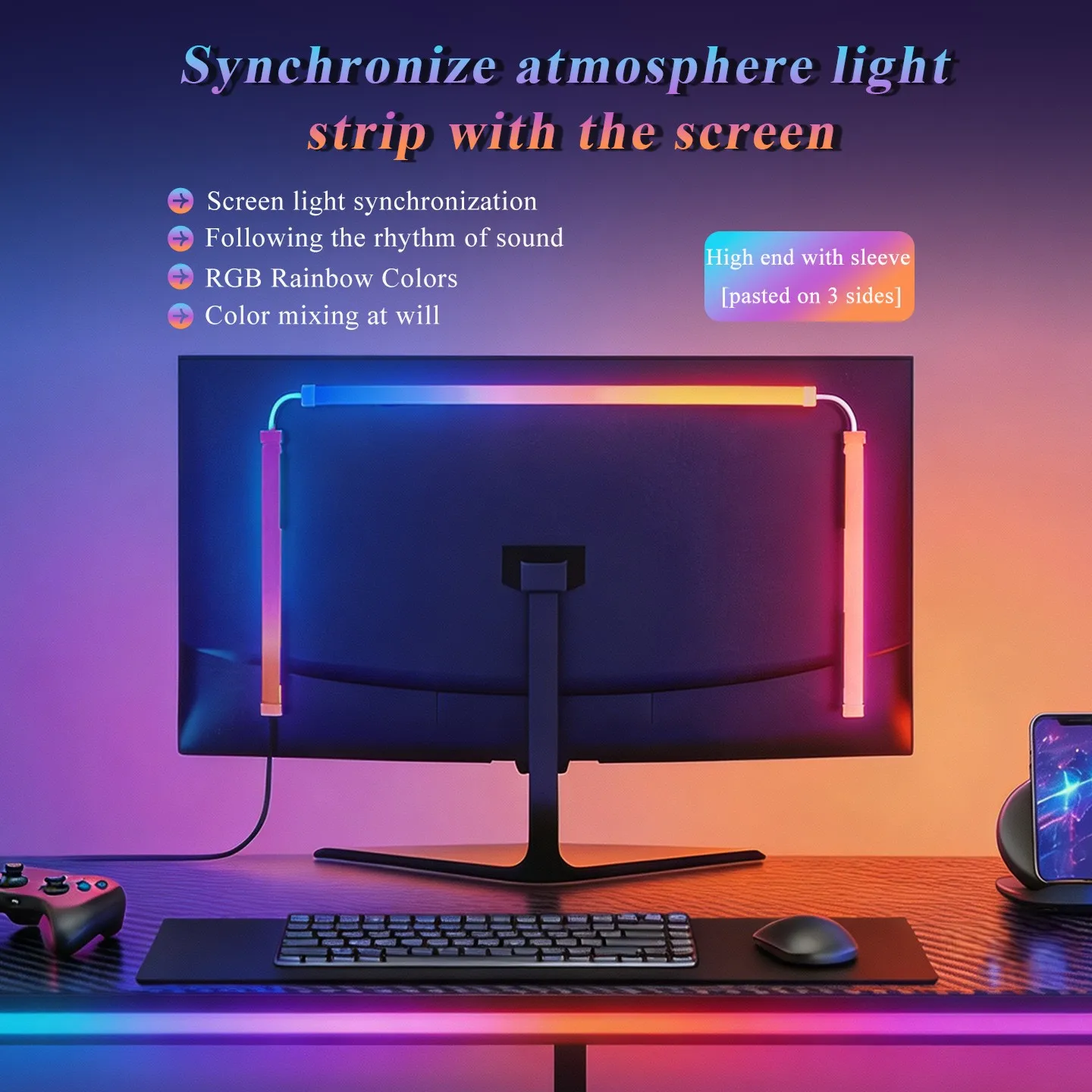 For RGB LED Strip Lights 3-Sided Computer Light Strip USB Monitor Backlight Screen For Synchronize Ambient Light For Gaming