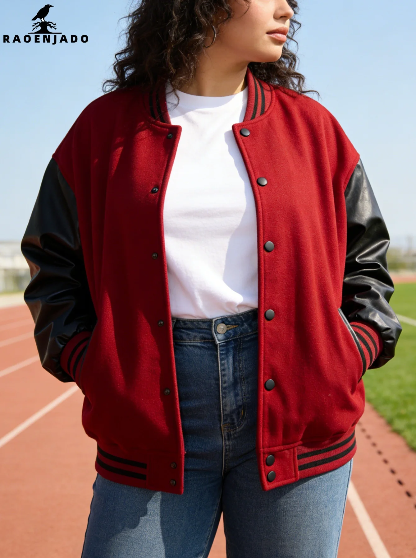 Women's Plus Size Baseball Jacket Trendy Varsity Coat Vintage Casual Outerwear Stylish Streetswear with Two-Tone Color Design