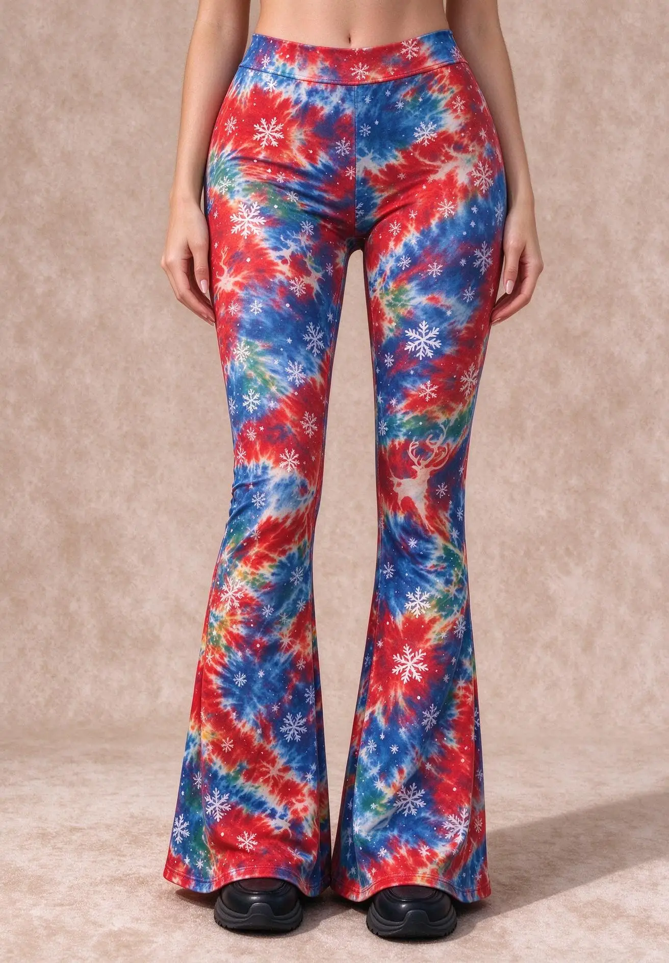 Women Mid Waist Skinny Flare Pants Christmas Tie Dye Snowflake Print Stretchy Bell Bottom Trousers