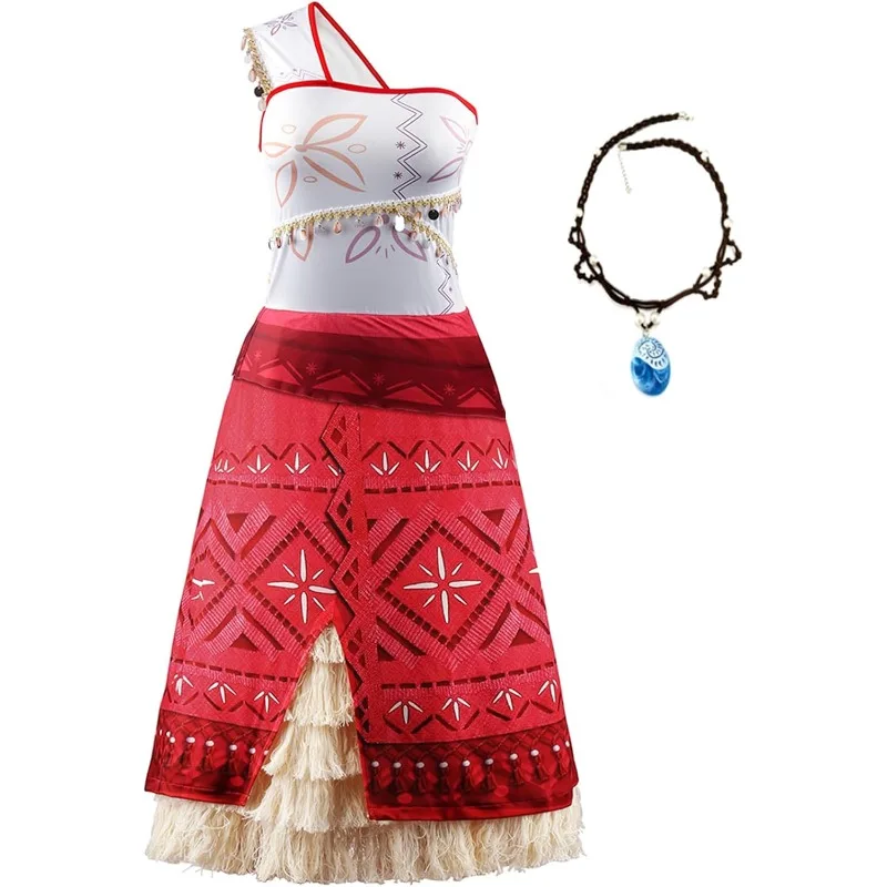 

Women Movie Cosplay Moana Princess Dress Ocean Adventure Halloween Costume Skirt Set with Necklace Party Dress Up