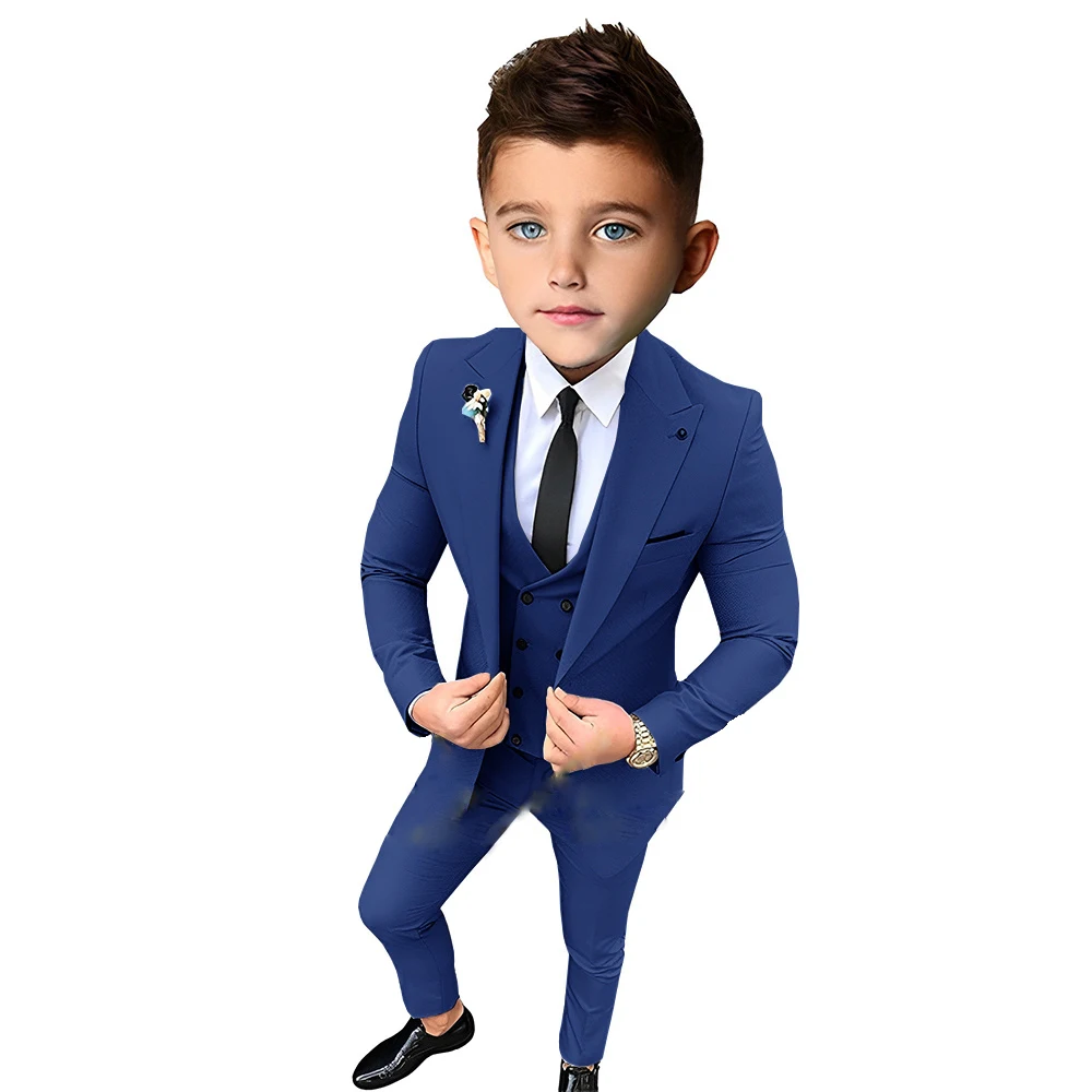 

2023 New Peak Lapel Flower Boys Suit Set Formal Children Kids Wedding Party Dress Blazer Vest Pants 3 Pcs Handsome Costumes