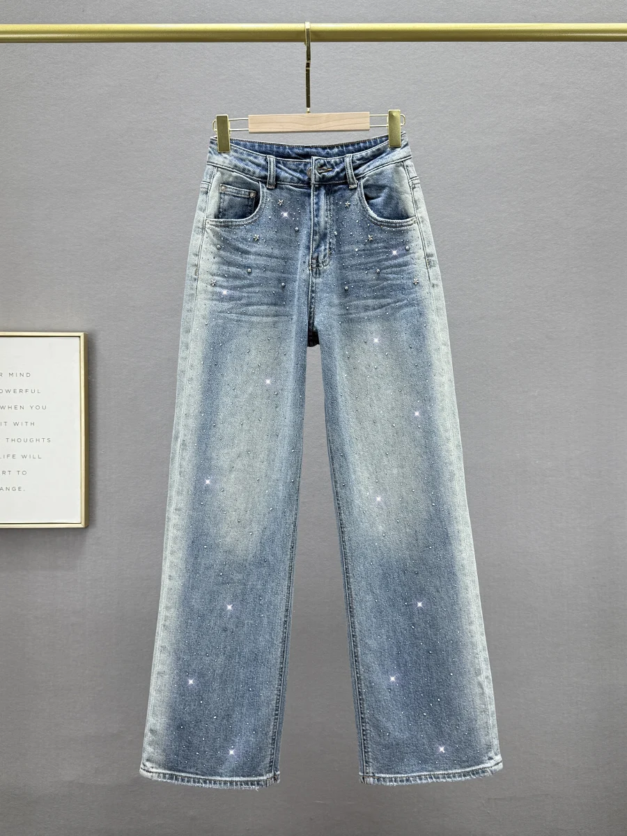 

Модные женские джинсы с высокой талией, свободного кроя, удлиненные, с эффектом похудения, с богатой отделкой стразами, широкие штанины, весна 2025