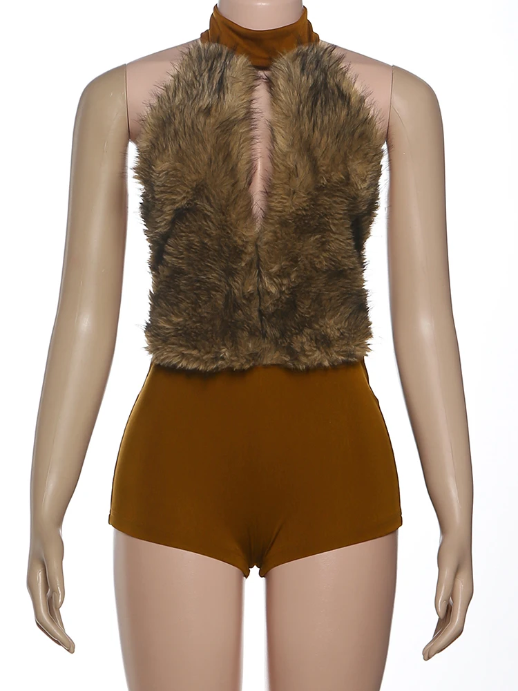 غريب سنور الرسن المرقعة رومبير المرأة الفراء مثير عارية الذراعين جوفاء أكمام نحيل كلوبوير منتصف الليل الجوف النشاط Playsuit #6