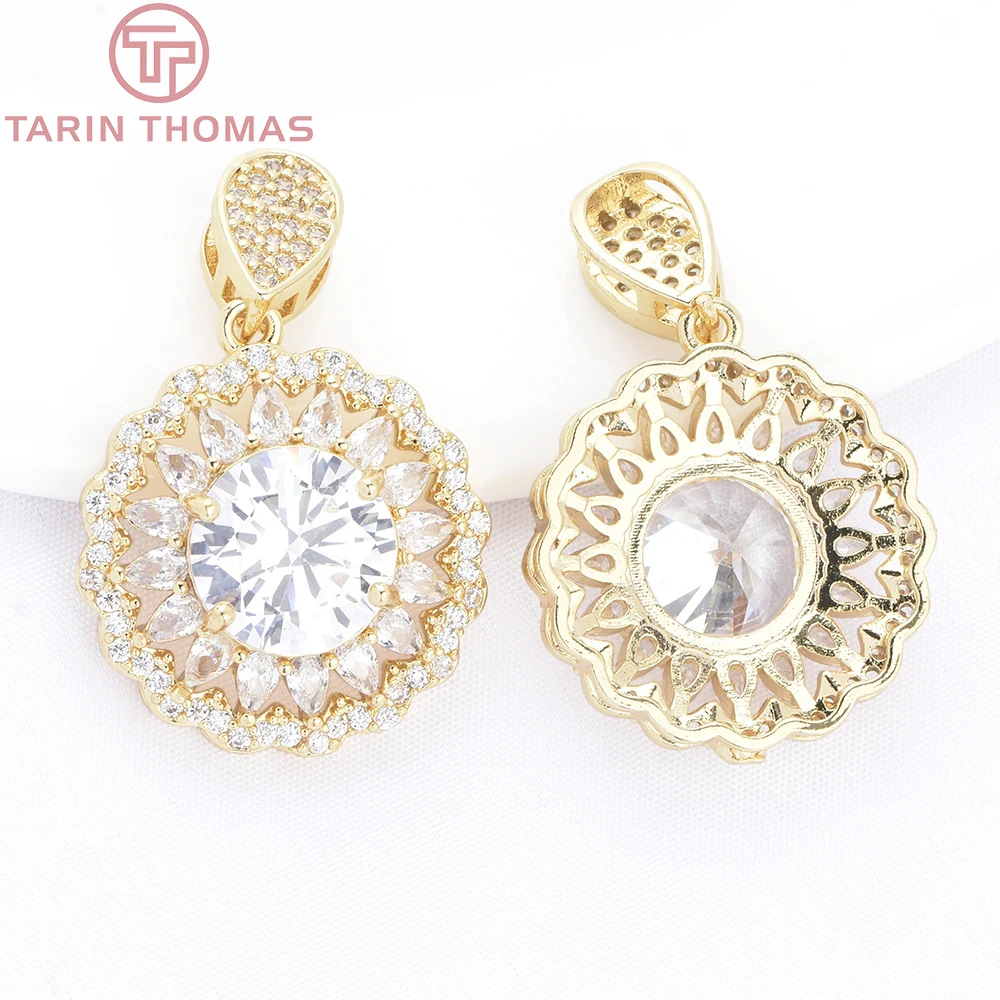 (9895) 2PCS 20x31MM 18K Gold Color Brass with Zircon Sunflower Shaped Pendants High Quality Jewelry Making Findings Accessories
