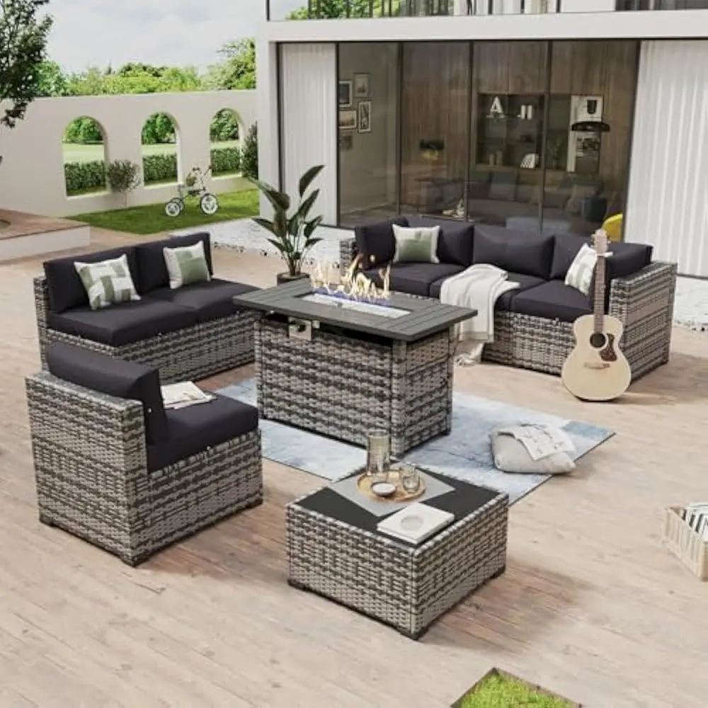 

8 Piece Garden Sofas w/44” Fire Pit Table Wicker Outdoor Sectional Sofa Set w/Coffee Table and Thickened Cushions,Garden Sofa