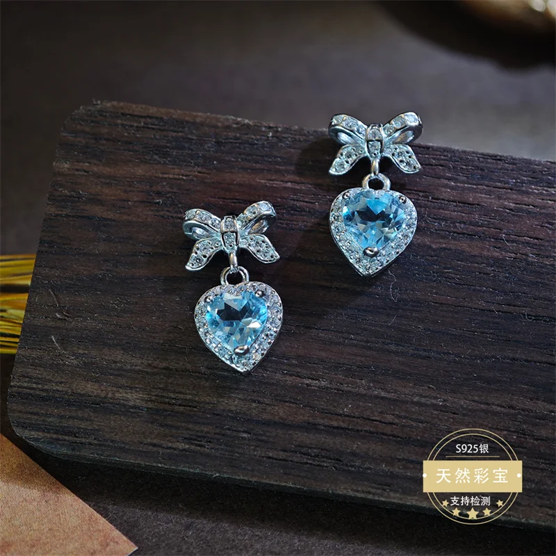 

Real 925 Sterling Silver Topaz Stud Drop Earrings for Women Gemstone Natural Heart Bowknot Shape with Certificate