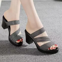 2025 Summer Shoes Thick Heel Fish Mouth Slippers Femme New High Heel Sandals Large Fashion Outwear Women's Sandals Casual Slides