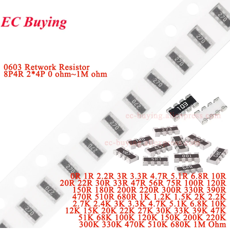 50-100Pcs 0603 2*4 8P4R 2*4P 5% Network Resistor SMD Array 0R ~ 910K 2K 2.2K 4.7K 10K 22K 47K 100K 1M 1 10 100 220 470 56 68 ohm