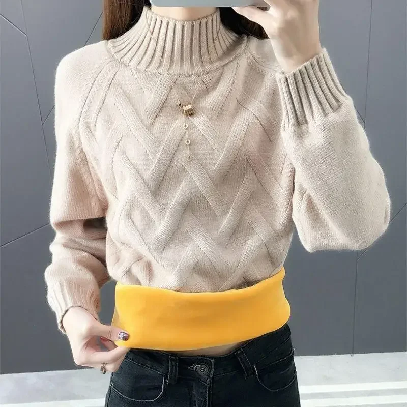 

New Winter Thick Plus Velvet Sweaters for Women Casual Warm Knit Pullovers Korean Fleece Lined Knitwear Ribbed Bottomed Tops