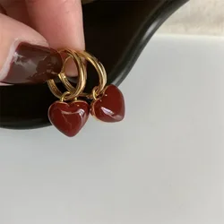 Red Epoxy Heart Shape Charm Drop Earrings Pink White Color Heart Gold Plating Cute Girl Drop Earrings Fashoin Women Earrings