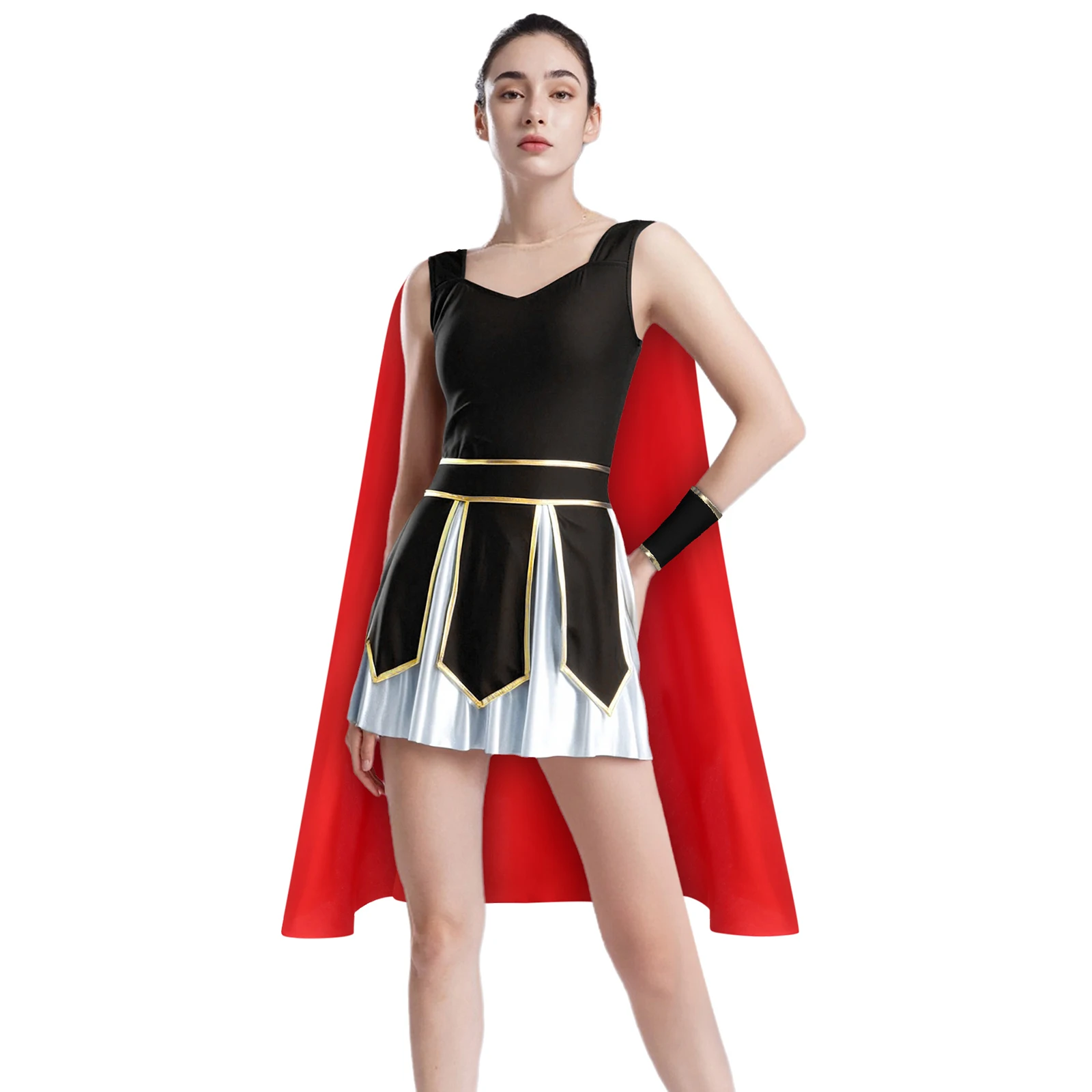 Disfraz de gladiador romano para mujer, traje de Cosplay para fiesta de Halloween, vestido sin mangas con capa de satén y puños, vestido elegante temático