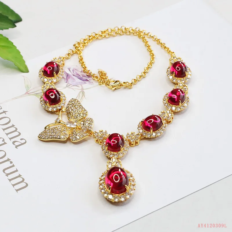 

Vintage Copper & Gold Leaf Necklace with Enamel Red Gems - Women's Classic Luxury Jewelry