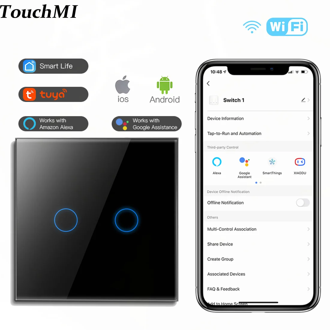 

TouchMI Tuya Wifi Switch 1/2/3Gang Wall Smart Light Switches 2Way Google Smart Life Alexa Yandex Voice Control Glass Panel