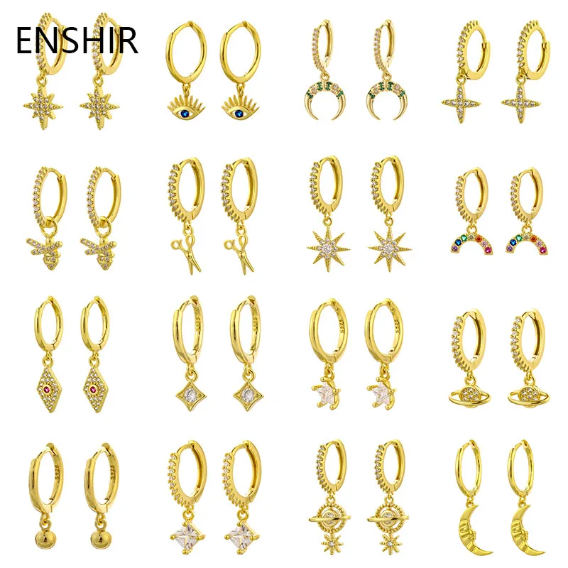 ENSHIR Gold Color Small Zircon Hoops Earring For Women Fashion  Moon Irregular Pendientes Female Jewelry