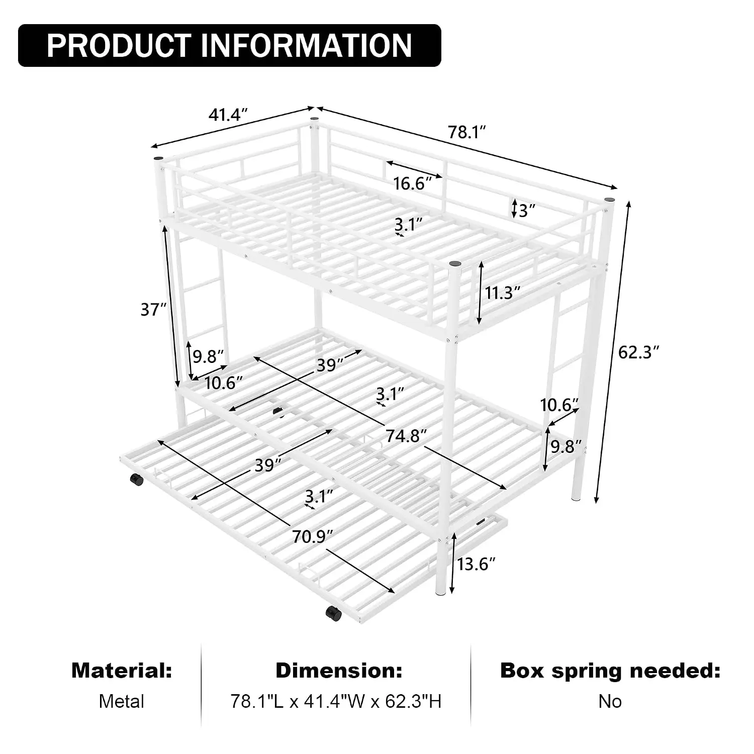 Triple Bunk Bed Twin Over Twin with Trundle, Steel Frame for 3 Kids Teens with Ladders & Guard Rail, Customized