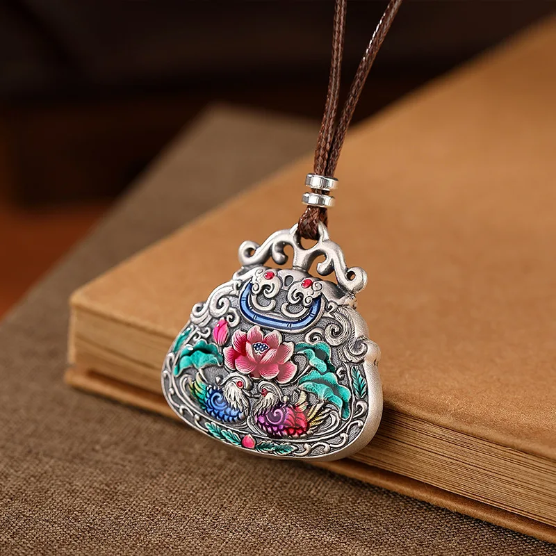 925 Silver Cloisonne Auspicious Mandarin Duck Lotus Flower Enamel Necklace Drop Pendant Classic Vintage Jewelry for Women