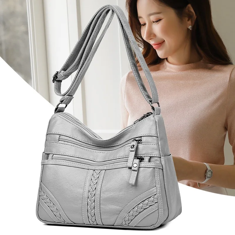 Vintage Braided Faux Leather Crossbody Bag for Women Multi Zipper Pockets Soft PU Shoulder Purse Large Capacity Casual  Handbag
