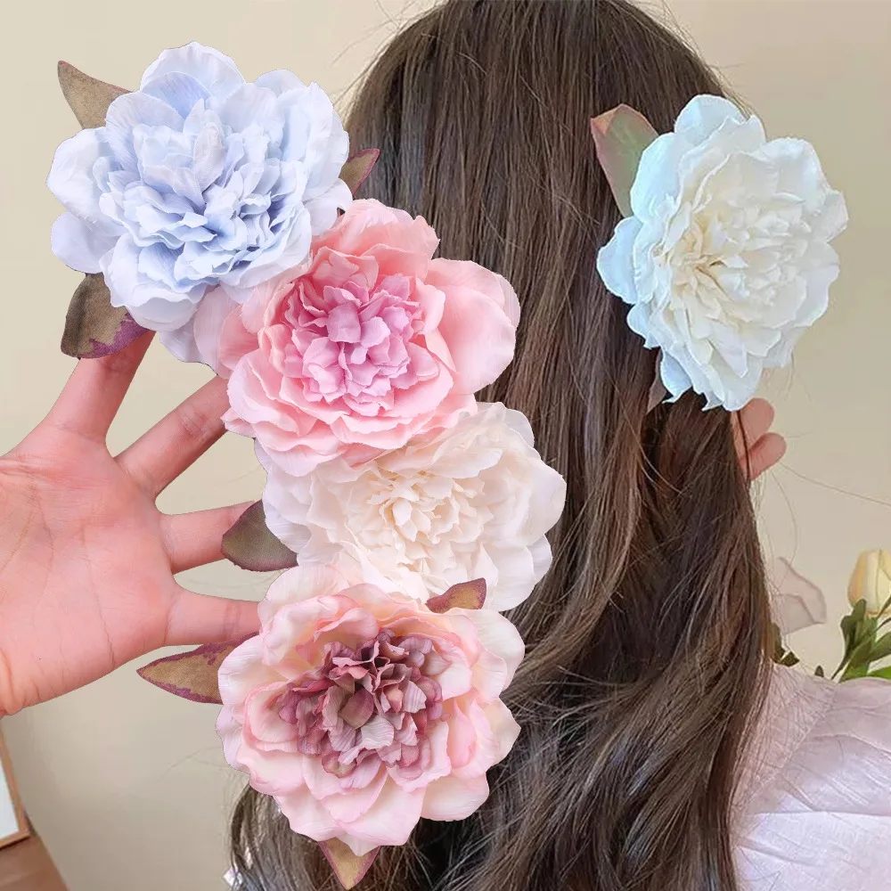 Women Romantic Peony Hair Clip Girls Retro Gradient Flower Side Clip Fashion Beach Vacation Sweet Duckbill Clip Elegant Barrette