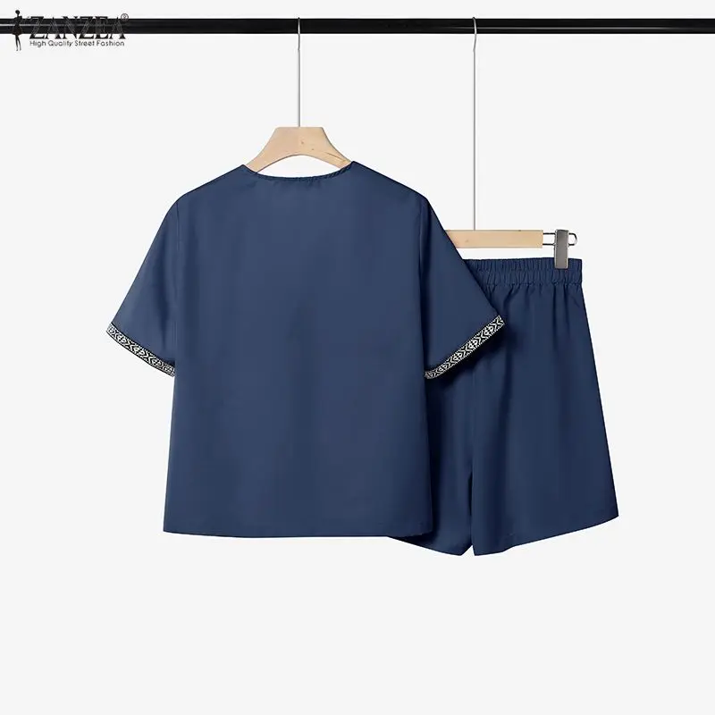 ZANZEA 2026 Women's 2-Piece Short Sets V-Neck Printing Paneled Short Sleeve Top Elastic Waist Shorts Matching Sets Summer Co-ord