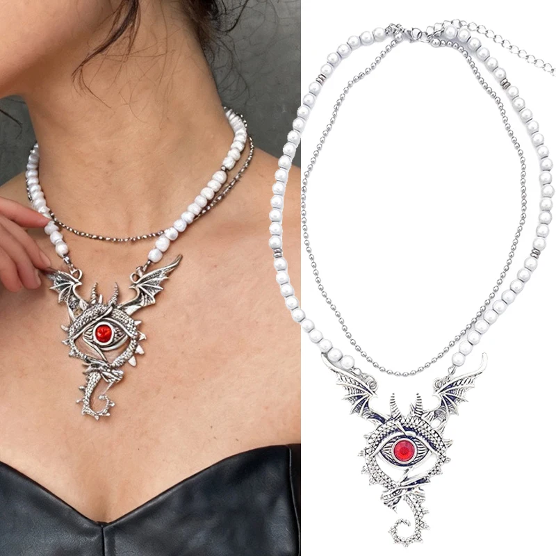 Gothic Devil's Eye Dragon Necklace for Woman Punk Jewelry Goth Pendants Necklaces Enamel Fly Dragon Collar collares Chain Choker