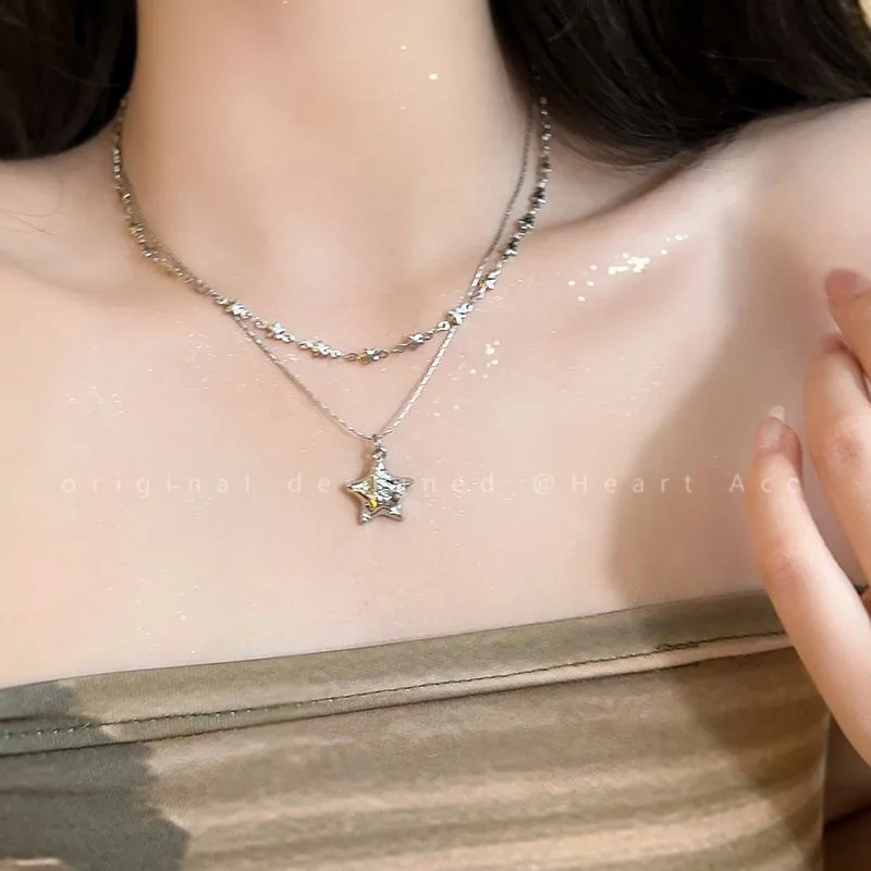 Silver Star Double Layer Necklace For Women Trendy Y2K Sweet  Cool Star Beads Choker Chain Fashion Spicy Girl Accessories Gift
