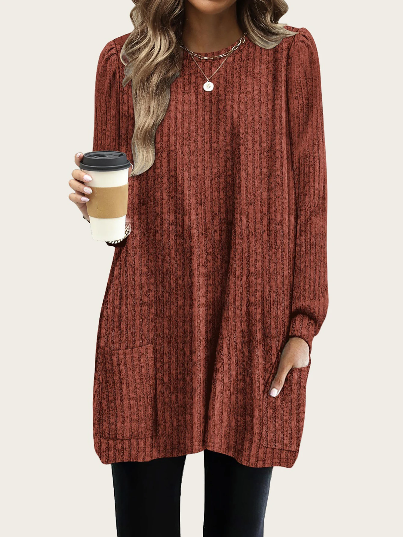 UNIKTEE Women's Long Sleeve round Neck Dress Autumn Winter Comfortable Solid Color Christmas Pockets Women's Dress