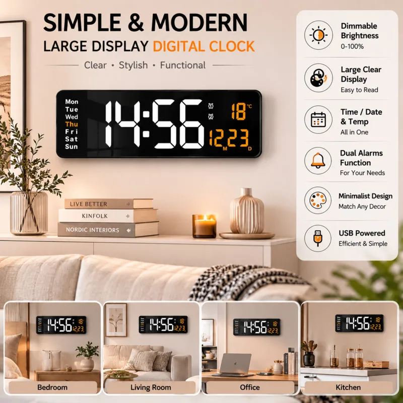 16 Inch LED Digital Wall Clock Large Display Alarm Calendar, Thermometer Nordic Modern Home Living, Room Decor Hanging Watch