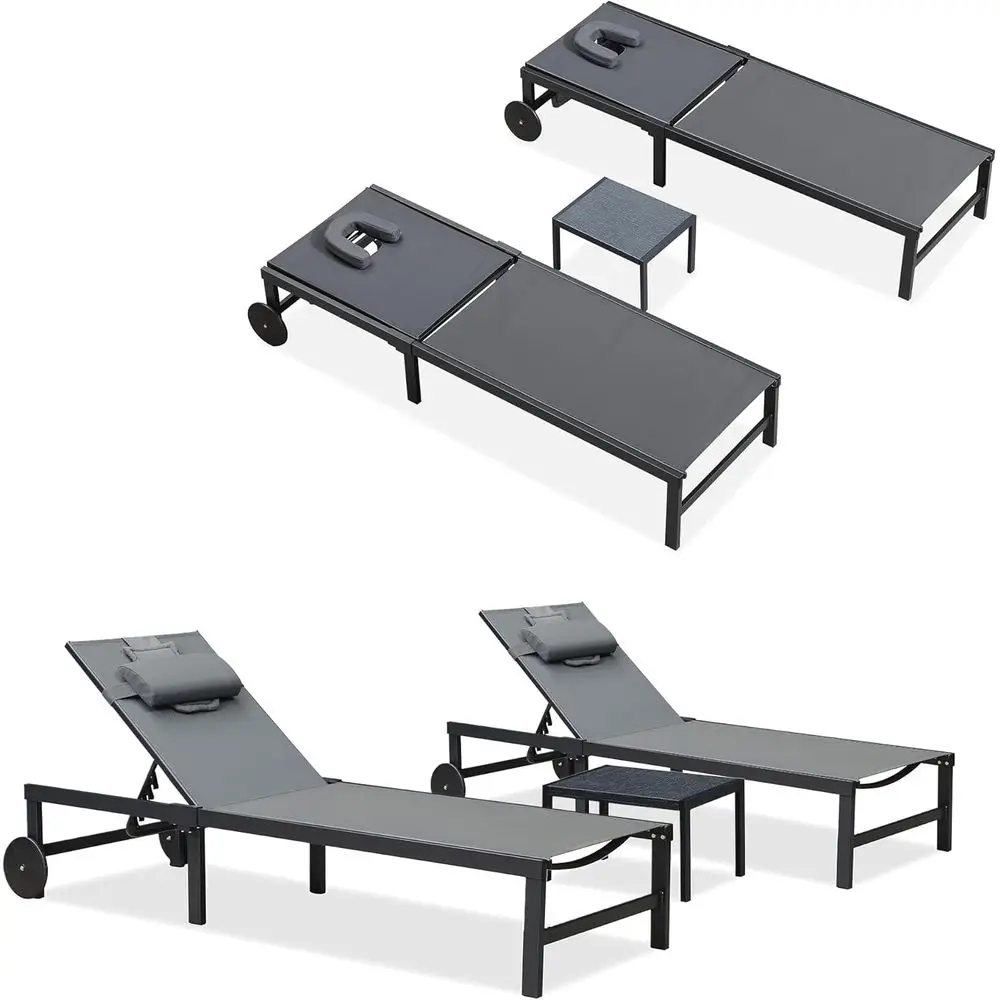 

Outdoor Tanning Lounge Chair Set with ace Hole Adjustable Chairs Wheels Pillows and Table or Poolside Beach Patio Reclining Suth