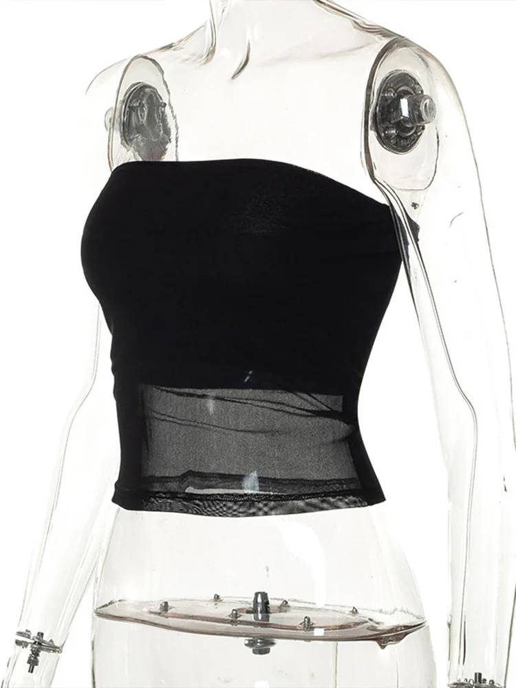 Mesh Corset Black Crop Top Women Patchwork Tube Top Sexy Sleeveless Off Shoulder Cami Summer Streetwear Slim Strapless Tank Tops image 5
