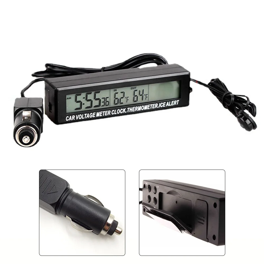 LED Car Clock with Dual Temperature Detection and Battery Voltage Monitoring for 12V 24V Vehicles Featuring 12/24 Hour Format