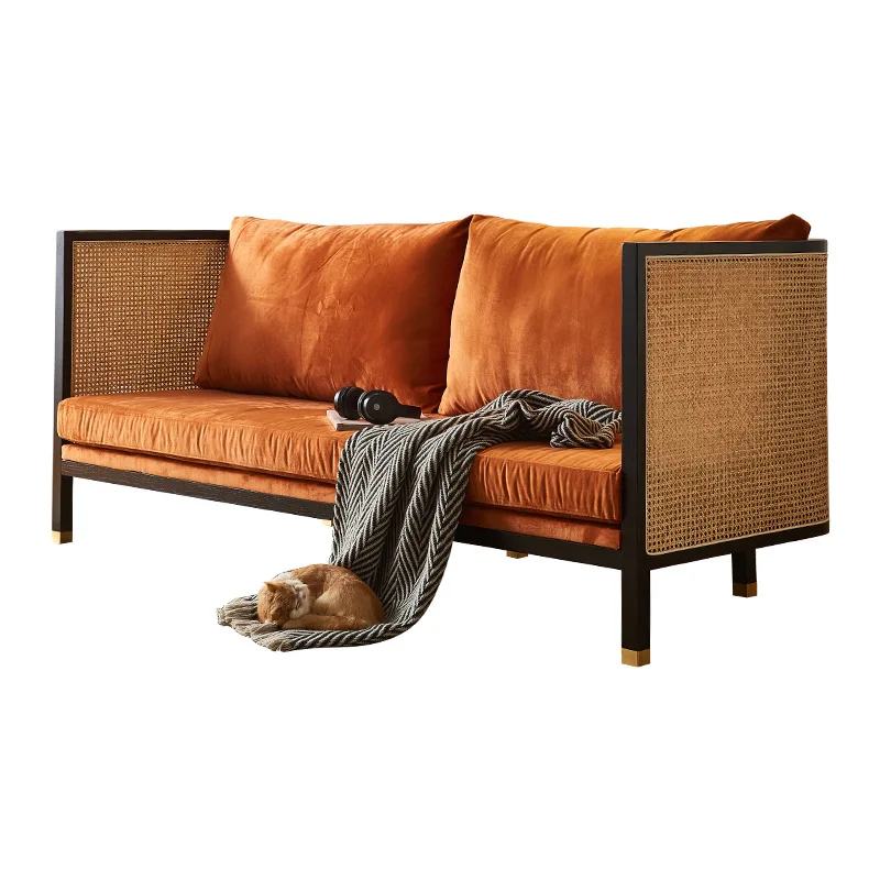 

retro light luxury solid wood rattan sofa, new Chinese living room for home use, wabi-sabi wind bed and breakfast three-person