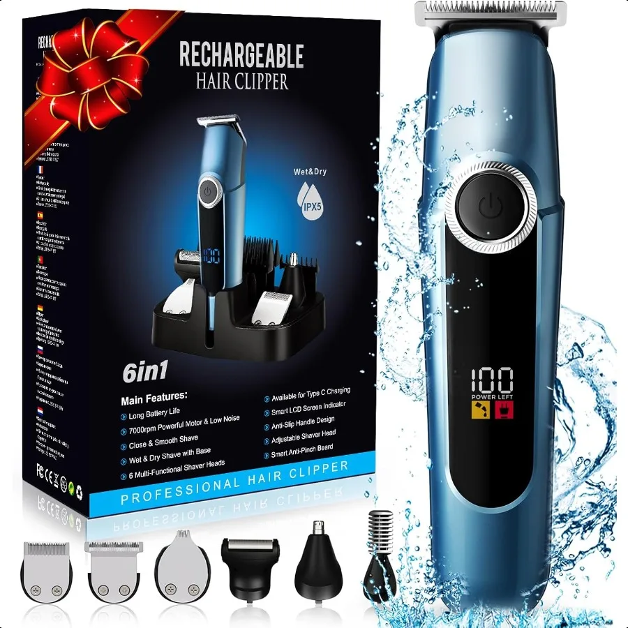 

Beard Trimmer for Men Profional Mustache Trimmer for Men Mens Beard Grooming Kit Nose Hair Trimmer 6 in 1 Waterproof Rechargeab