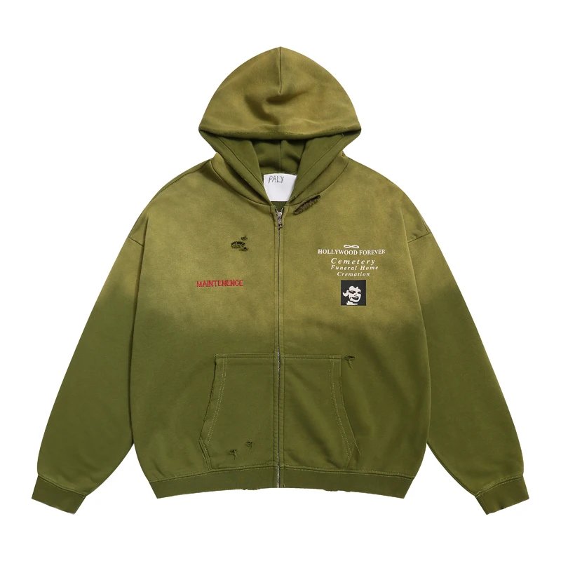 American Vintage Olive Green Gradient Washed Ripped Paly Zip Hoodie Red Embroidery Letters Graphic Print Loose Man Sweatshirts