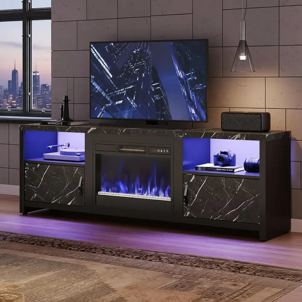 -For 70 Black Marble Electric Fireplace TV Stand for 75 TVs, Entertainment Center with LED Lights, Storage, and Cable Manageme*