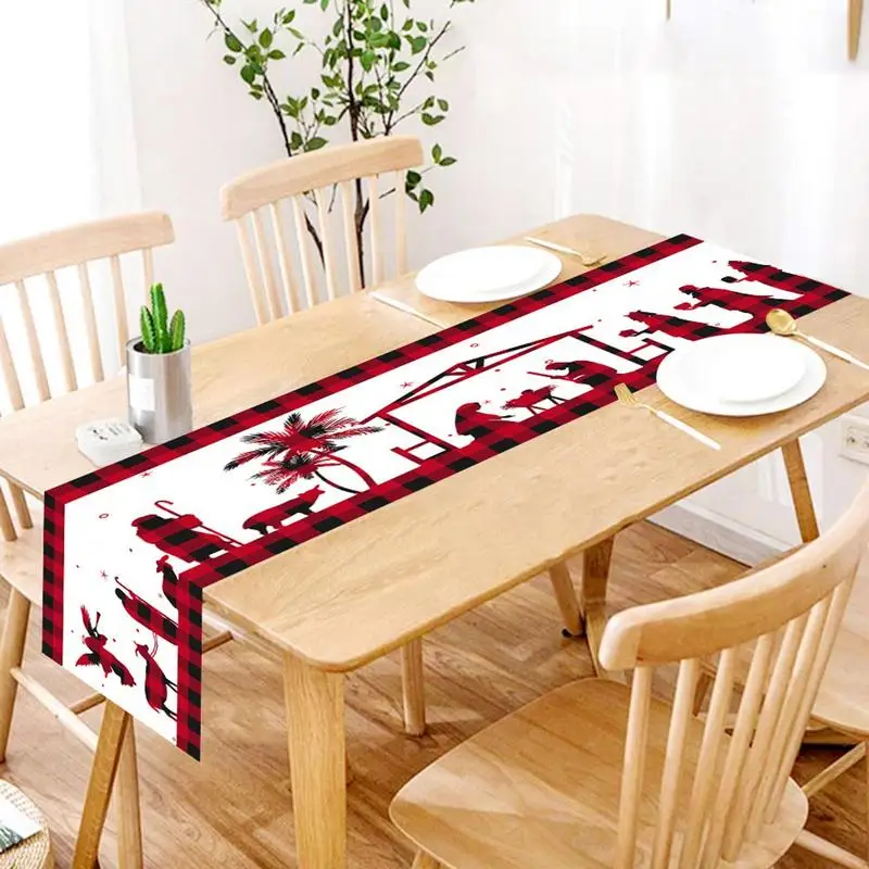 Christmas Nativity Scene Table Runner 71x13in Winter Table Runner Nativity Scene Tablecloth Red And Black Plaid Holiday Table