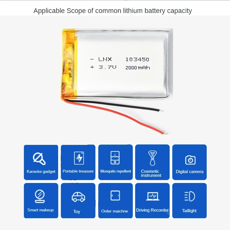 3.7V 103450 Akumulator litowo-polimerowy 2000 mAh do MP5, zabawek, kamer, GPS, Bluetooth, głośników o dużej pojemności