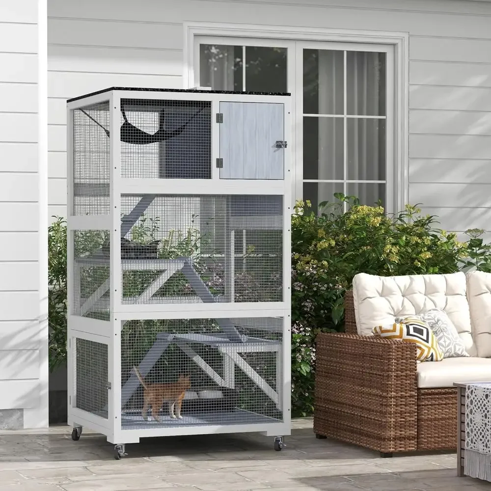 Gray 34 Outdoor Cat Enclosure with Wheels, Hammock, Platforms, and Weatherproof Roof