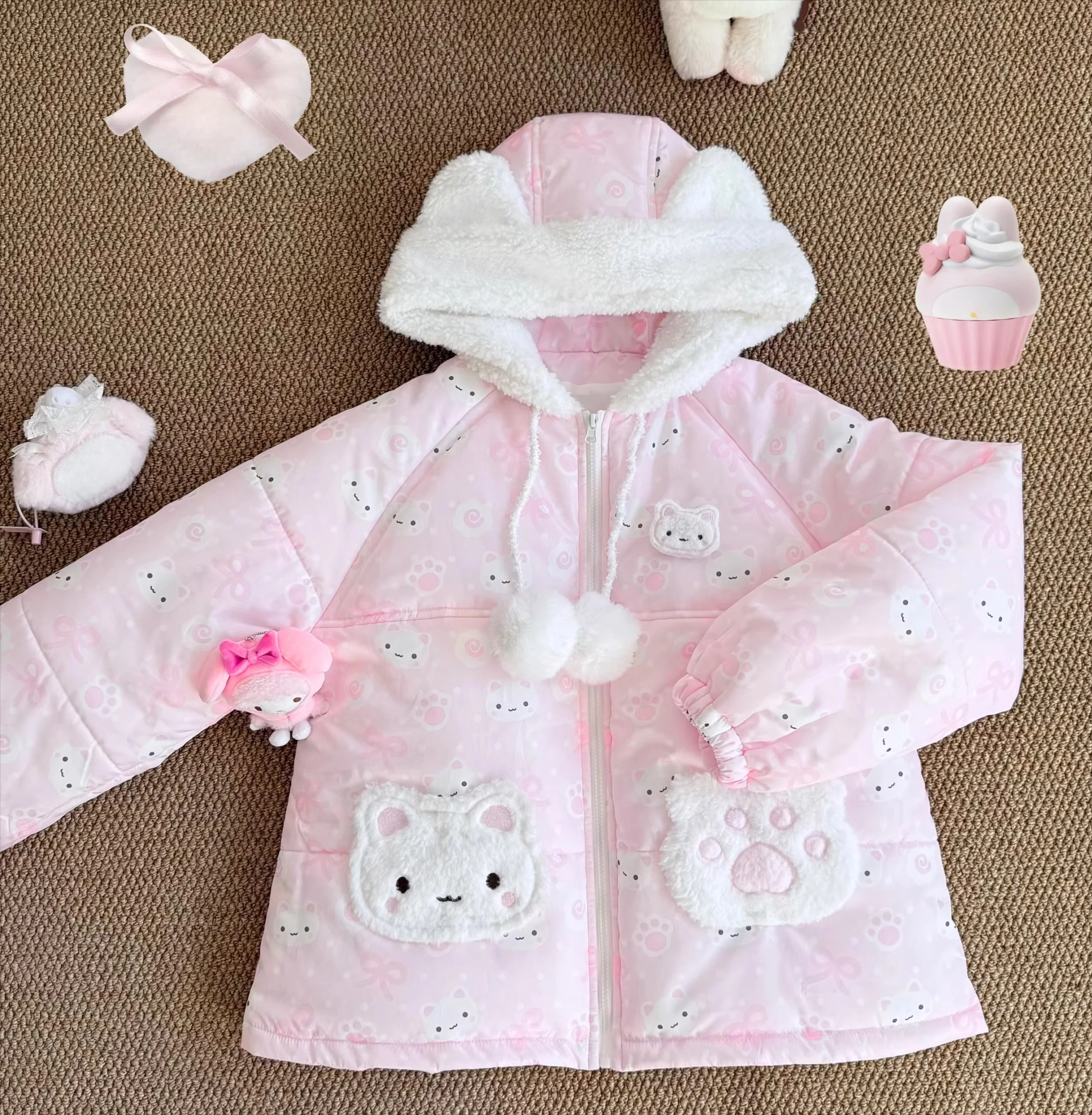 الأصلي لوليتا Kawaii الحلو سترات 2025 الخريف الشتاء لطيف ابنة Y2K أسفل سترات دافئة سميكة قصيرة معاطف السترة للنساء